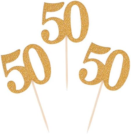Donoter 50pcs 50th Cupcake Toppers Gold Glitter Number 50 Cake Picks for Birthday Anniversary Party Decoration