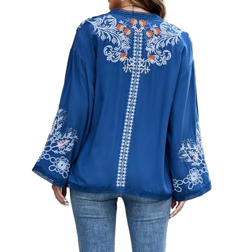 Women's Long Sleeves Floral Embroidered Kimono Cardigan, Blue Open Front Jacket, Bohemian Style4