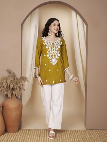 Image of Short Kurti for Women for Jeans, Chikankari Kurtis for Ladies, Lakhnavi V- Neck Women's Tunic Design Kurta, Floral Kurtas & Tunics for Woman
