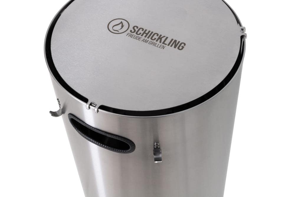 Schickling Gasflaschen Schutzhülle aus Edelstahl - Gasflaschenschrank für Gas-Flaschen bis 11kg mit Rollen, Griff, Deckel & Grillbesteckhaken - Höhe: 70cm Breite: 34cm - Made in Germany