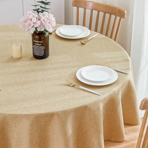 SPRICA Round Tablecloth 160cm Diameter Water Resistance Linen Texture Spill Proof Wipeable Table Cover Solid Colour Circle Cover, Wheat - Image 3