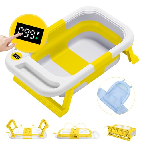 Image of Baby Bathtub for Infants to Toddler, Collapsible Baby Bath Tub, with Thermometer & Soft Floating Cushion & Bath Net Portable Bathtub, Yellow