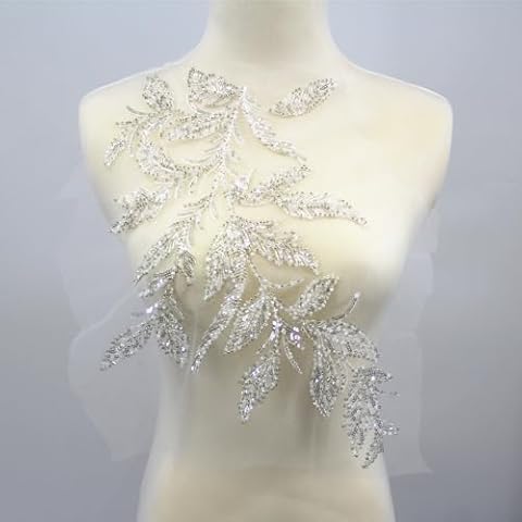 SUNMOVE 1PC 3D Beaded Embroidery Sequin Lace Applique Sew On Flower Fabric Collar Patch for Wedding Gown Dress Bridal DIY Crafts (Left) Cover