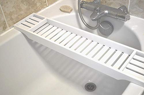 Unibos Bamboo Wood Bath Tub Rack Bathroom Shelf Tidy Tray Storage Caddy Organiser (White)