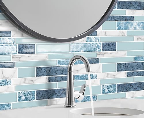 DEWOO Peel and Stick on Self Adhesive Backsplash Wall Marble Tiles Stickers 3D for Kitchen Bathroom,Spliced Blue (10-Sheet, 12"×12")
