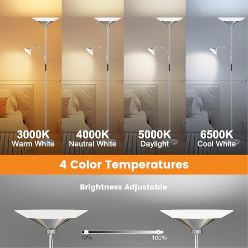 Image of SIBRILLE Metallic Sliver Torchiere Floor Lamp, 2 Way 72'' Dimmable LED Standing lamp with Rmote, Multi Color Temps, 34W Tall Light with Independent Control for Living Room Bedroom Office Reading