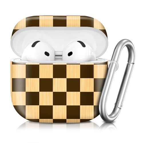 Compatible with AirPod 4th Generation 2024 Case, Shockproof Anti-Drop Protective Cover, Cute Case for Women Men with Keychain(Brown Checkered Chess Board)
