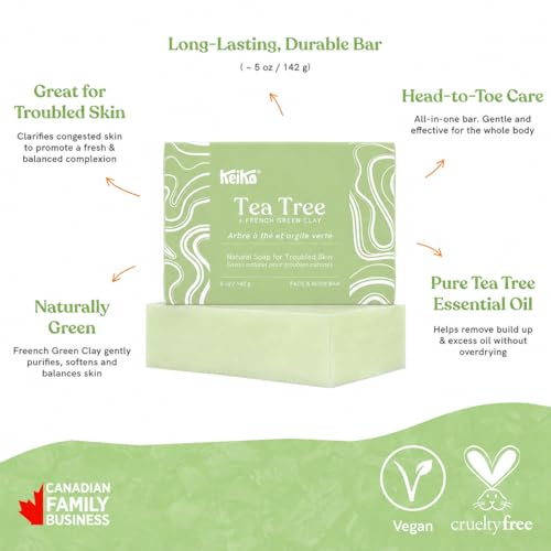 Image of Keika Tea Tree Soap Bar with French Green Clay for Eczema, Psoriasis, Face, Body, Men Women Teens with Oily Skin, 5 oz.