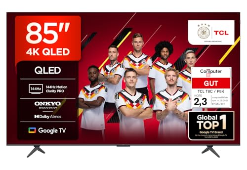 TCL 85T8C 85 Zoll QLED 4K HDR Ultra HD Fernseher, Smart TV mithilfe von Google TV (Dolby Vision Atmos, 144Hz Motion Clarity Pro, Game Bar, ALLM, FreeSync, Onkyo 2.1 Sound,Sprachsteuerung)