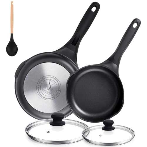 Stone&Stone Set of 2 Frying Pans 24 cm 28 cm Extremely Non-Stick | Gas Induction | Aluminium and Steel Professional Battery Frying Pan with German Coating + 2 Lids 2 Spoons | PFAS Free