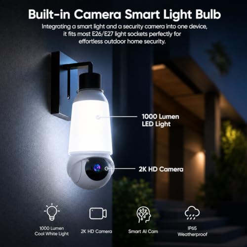 Image of Light Bulb Security Camera, 5G&2.4GHz WiFi Light Bulb Cameras Wireless Outdoor Indoor, 2 in 1 Lightbulb Camera for Home Security, 2K HD Color Night Vision, Smart AI Motion Detection, 911 Emergency