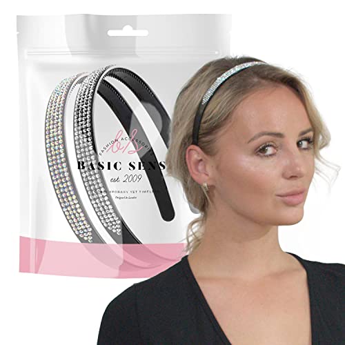BasicSense 2PCS Diamante Alice Headband Sparkle Shiny Rhinestone Clear & AB Stone Plastic Band Wedding Bridal Accessories for Women Girls Clear
