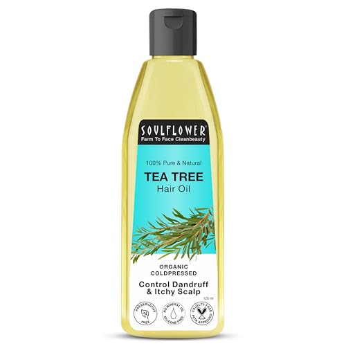 Image of Soulflower Tea Tree Hair Oil | Hair Growth, Scalp Nourishment, Anti Dandruff | Pure, Natural, & Cold Pressed | Tea Tree Essential Oil, Castor, Sesame, Olive & Jojoba Oil | 120ml