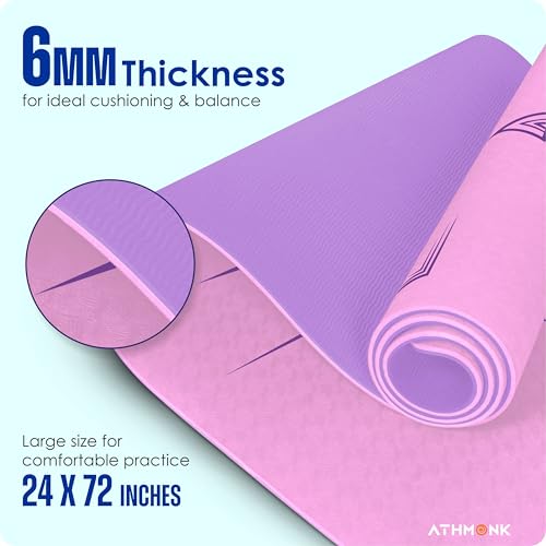 Image of Dual Colour TPE Pro Yoga Mat for Woman and Man with Alignment Guide Lines | Home Gym Equipment Exercise Mats for Workout | 6mm Thick Anti Slip Mat for Kids | Big Size with Cover Bag, Pink