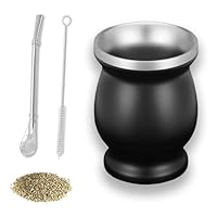 Huamirra Mate Becher, Mate Teebecher, Edelstahl Companion Tee Set, Mate Tee Set mit Strohhalmlöffel und Reinigungsbürste, Companion Kürbis Set für Kaffee, Milch, Holzmaserung Farbe, 8 Unzen, Schwarz