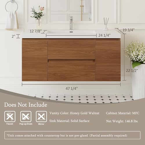 Image of KEIKI 48'' Wall-Mounted Bathroom Vanity with Sink - Floating Design, 2 Soft-Close Drawers & Doors & Resin Basin, Space-Saving for Bathrooms, Walnut