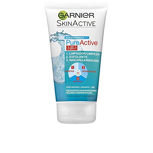 GARNIER Skin Active, Pure Active 3 en 1, Limpiador, exfoliante y mascarilla - 150 ml, El embalaje puede variar