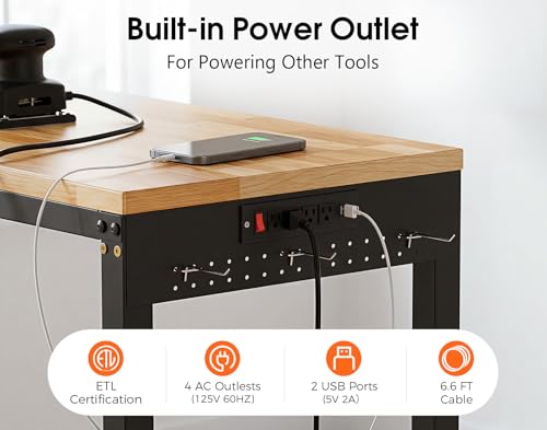 Image of 92 inch Adjustable Work Bench, 5000 LBS Capacity Heavy Duty Workbench with Power Outlet & Pegboard, Rubber Wood Work Table for Garage, Workshop, Office, Home