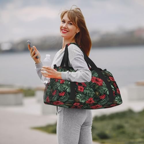 Red Hibiscus Duffle Bag for Travel Aloha Palm Leaf Monstera Tropical Carry on Bag Travel Bags for Men Canvas Travel Duffel Bag Carry On Luggage Bags Overnight Weekend Gym Bag2
