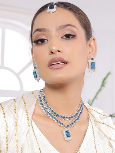 American/AD Two-Layered | Sparkling Square-Shaped Rhinestone Crystal Design Necklace | Dangle Earrings and Maang Tikka for Wedding Jewellery Set for Women2