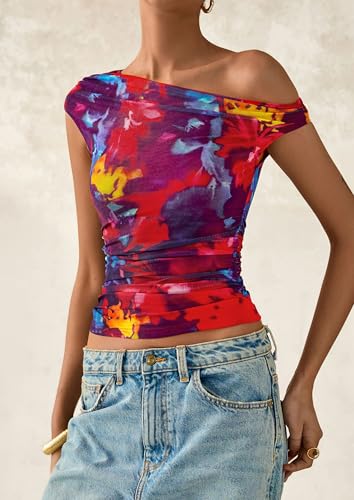 PRETTYGARDEN Women's Off Shoulder Tops 2025 Summer Floral Mesh Going Out Crop Tank Tops Asymmetrical Tight Y2K Shirts Clothes