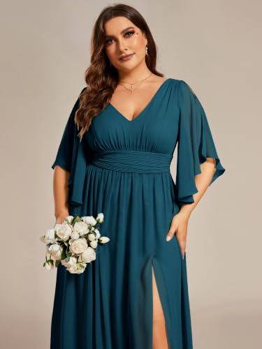 Image of Ever-Pretty Plus Women's Plus Size V Neck Half Sleeves Slit A Line Floor Length Bridesmaid Dress 01886-DA