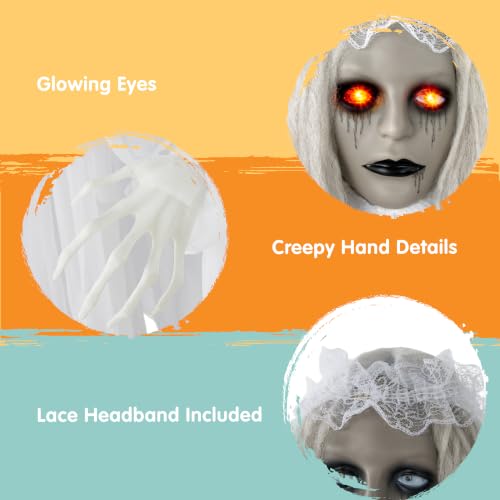 Image of JOYIN 67 inch Halloween Decorations Outdoor Life Size Bride Decor, White Ghost Haunted House Props with Creepy Sound for Garden Yard Lawn