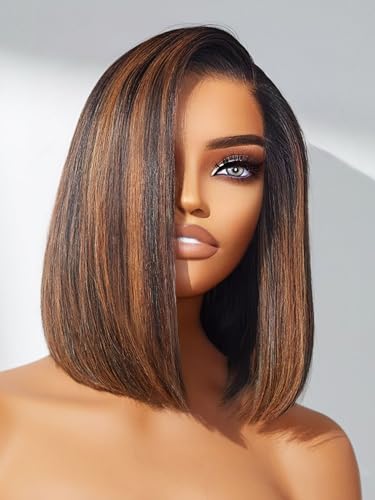 LUVME HAIR Bob Wig 100% Human Hair Wigs Glueless Lace Front 200% Density 10 Inches Brown Highlights Bob, Pre Cut Plucked Hd Lace Short Wig Ready To Go Natural Color Straight Bleached Knots Side Part