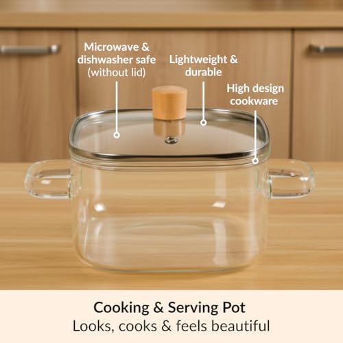 Image of Nestasia Borosilicate Glass Cooking Pot with Glass Lid (2200 ml) - Square Casserole with Air Vent Lid on Gas Stove | Microwave & Dishwasher Safe Durable Handi for Kitchen
