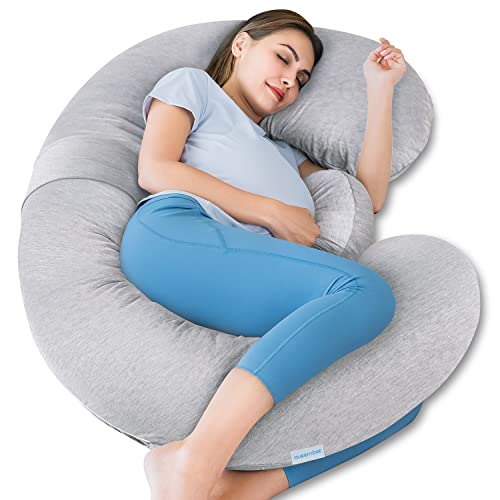 QUEEN ROSE Cooling Pregnancy Pillow - E Shaped Body Pillow for Sleeping Maternity Body Pillow with Detechable Wedge Pillow for Side Sleeping, Silky Cotton Cover,Grey