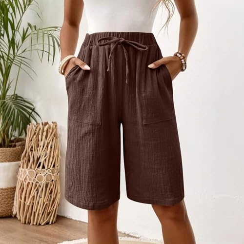 Linen Capri Pants for Women Lightweight Elastic Waist Capris with Pockets Drawstring Knee Length Summer Beach Shorts3