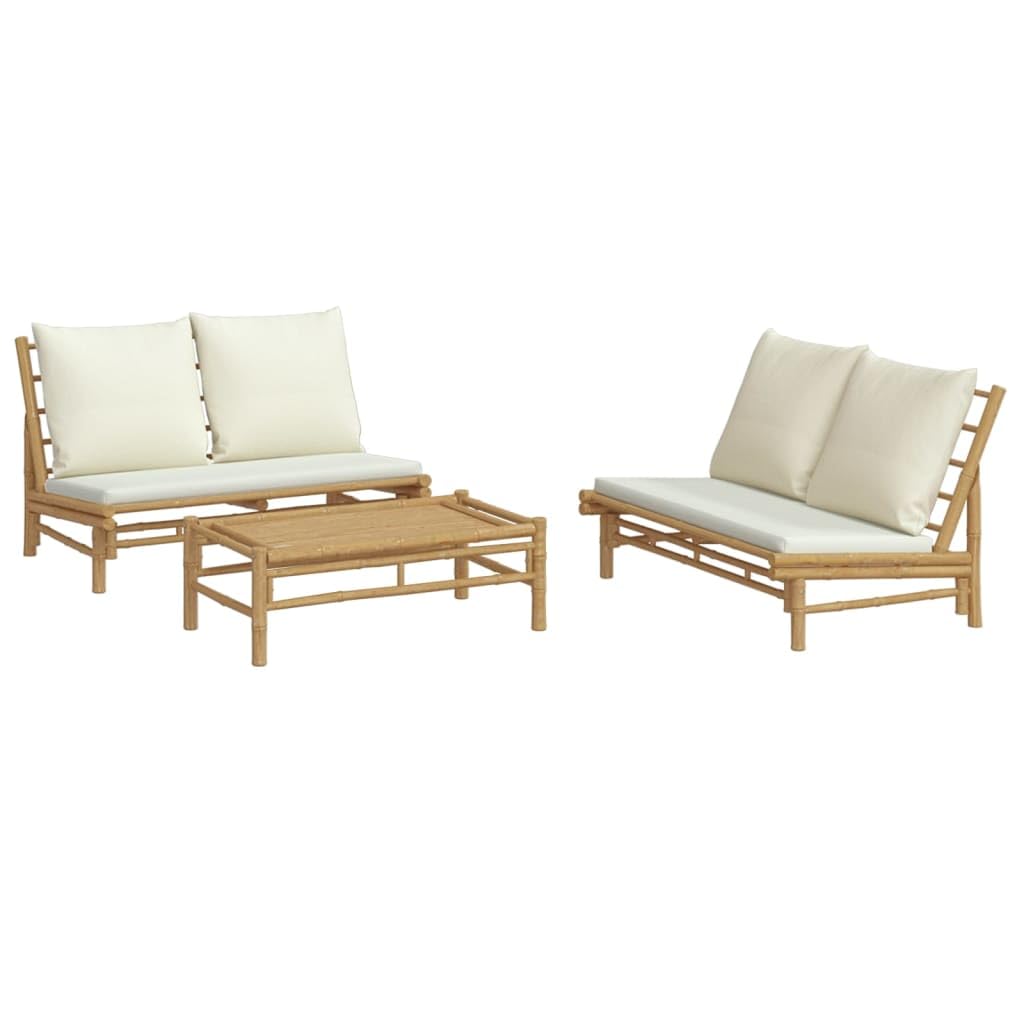 Juego de 3 muebles de jardín de bambú con mesa y cojines, sofá de jardín modular con respaldo para hasta 110 kg por asiento, acolchado de color crema para mayor comodidad al aire libre