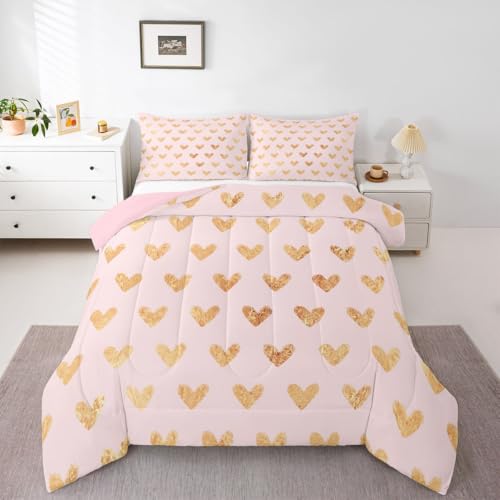 Image of Erosebridal Cute Heart Pattern Toddler Comforter Set Gold Pink Bedding Set for Kids Girls Valentine Love Geometric Comforter Love Heart Duvet Insert