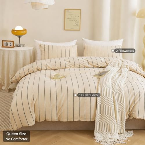 Image of ECOCOTT Striped Duvet Cover Queen Size, 100% Washed Cotton Linen Feel Comforter Cover, 3PCS Vertical Stripe Bedding Set with Zipper Closure & Corner Ties