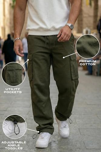 Image of Veirdo Men's Baggy Cargo Oversized Pants with Utility Pockets, Relaxed Loose Fit Street Style Trousers, All-Day Comfort, Perfect Casual Wear, Travel, (Size S to 2XL)