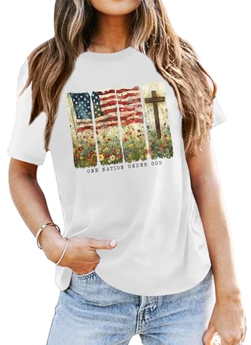 Image of Ithalt Christian Tshirt Womens 4th of July Shirt American Flag T Shirt USA Patriotic Tees Faith Short Sleeve Tops