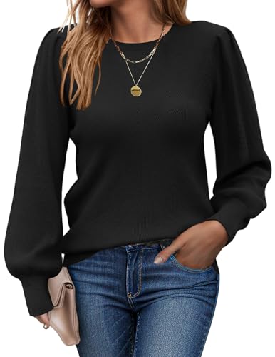 Zeagoo Pullover für Damen Langärmeliger Pullover Damen Strickpullover Leichter Langarm Herbst Winter Pulli Rundhals Warm Norweger Wickelpullover Schwarz M
