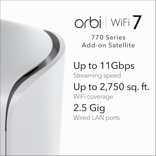 Image of NETGEAR Orbi 770 Series Tri-Band WiFi 7 Mesh Add-on Satellite (RBE770) - Works with Orbi RBE772 and RBE773, Security Features, Up to 11Gbps, Covers up to 2,750 sq ft, 2.5 Gig LAN Ports