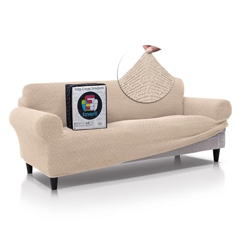 FAVERTI® Funda Sofá Premium 3 Plazas - Funda de Tejido Súper Elástico para Sofás de 180 a 230cm | Modelo BOCAIRENT | Beige | Funda Sofá Súper Ajustable | Protector Sofá Elegante Tacto Algodón