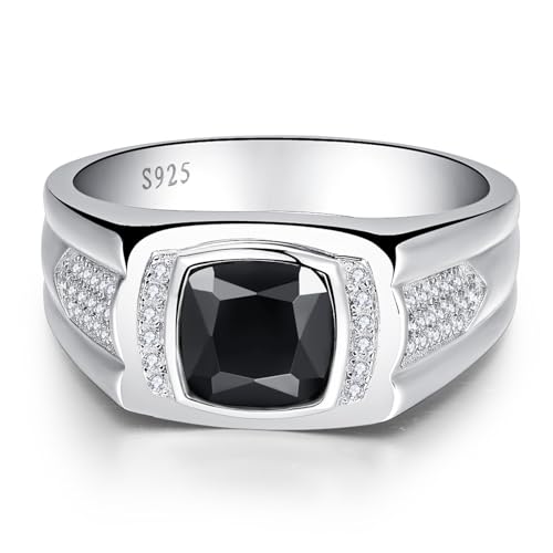 8 * 8mm 2.85CT 925 Sterling Silver Mens Gemstone Ring Princess Cut Created Black Onyx|Sapphire|Emerald|Ruby Mens Wedding Band Engagement Ring Pave CZ W/AAA Size 6-132