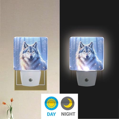 Image of Wolf Winter Forest Night Lights 2 Pack Plug-in Wall Led Nightlight Auto Dusk-to-Dawn Sensor Lamps for Bedroom Kitchen Bathroom Hallway Stairs