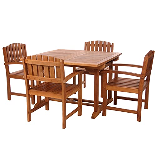 All Things Cedar TD72-20-W 5-Piece Teak Extension Patio Table Arm Chair Set with Cushions, White