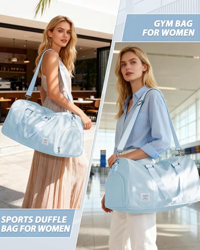 Image of Gym Bag for Women Men with Shoe Compartment,Small Travel Duffle Bags for Traveling Overnight Weekender Bag Personal Item Travel Bag Large Sport Gym Bag Workout Bag Hospital Holdalls Sky Blue