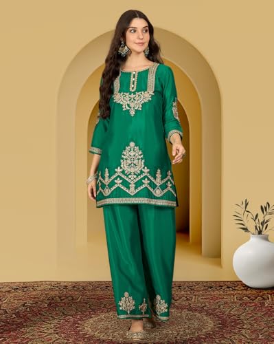 Image of Amazon Brand - Tavasya Women Silk Blend Zari Sequence Thread Embroidered Kurta with Palazzo |Ethnic Wear