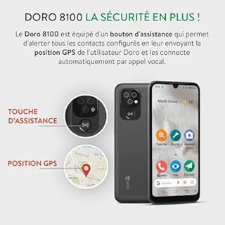 DORO - Téléphone Doro 8100 - Téléphone 4G pour Séniors - Facile à Utiliser - Touche d'Assistance avec Localisation GPS - Compatible Appareils Auditifs - Triple Caméra - Câble USB Inclus - Noir
