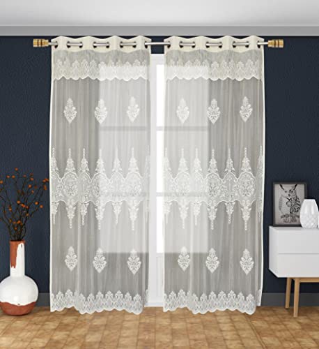 IVAZA Polyester Premium Sheer Frill Embroidery Floral Transparent Net Window Curtains 5 feet Pack of 1 Cream