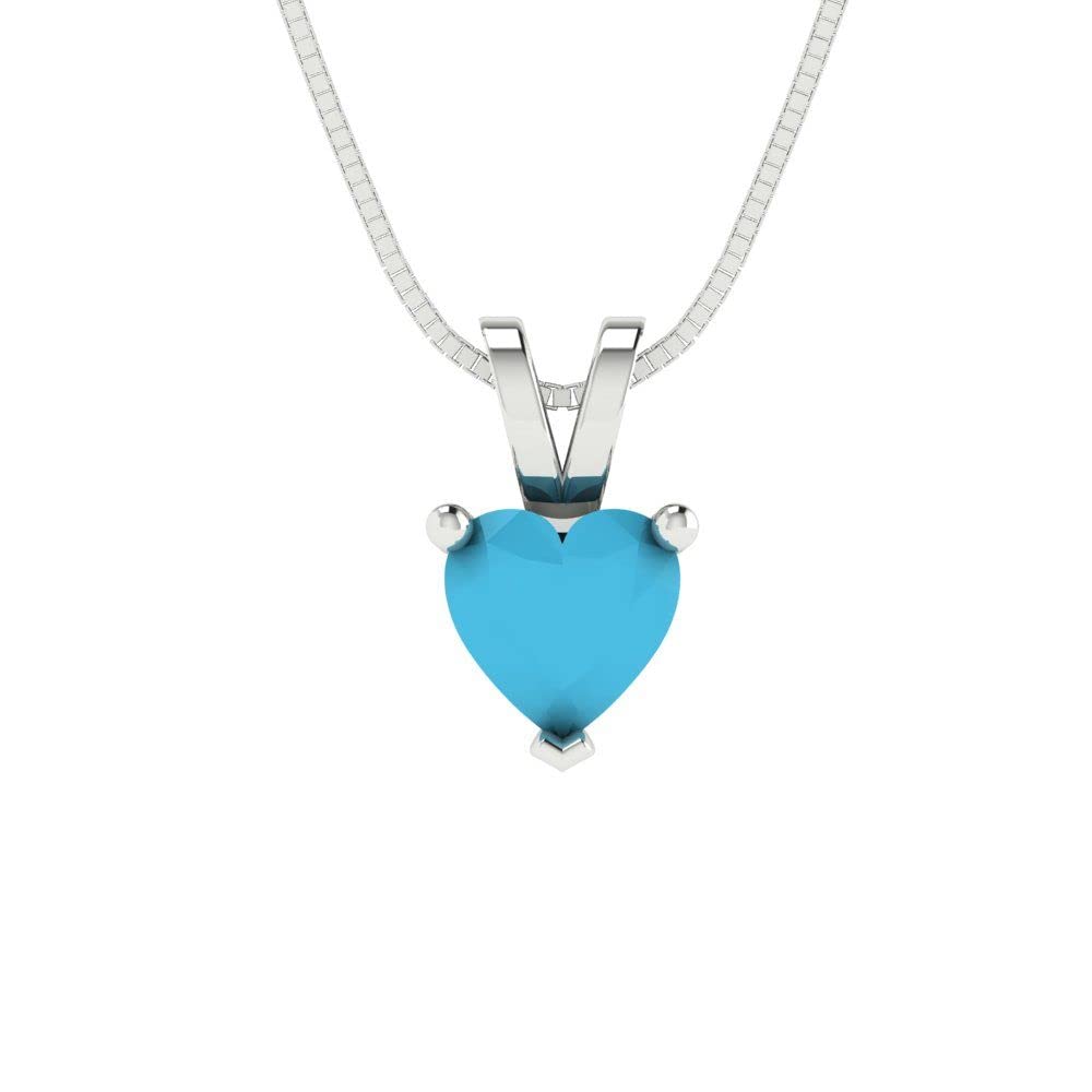 Clara Pucci 0.55 ct Heart Cut Designer Simulated Blue Turquoise Solitaire Pendant Necklace With 16" Gold Chain box Solid 14k White Gold