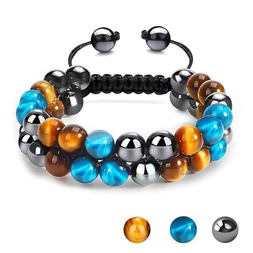 MIDON Tiger Eye Bracelet, Triple Protection Bracelet for Men Women, Handmade Tiger Eye Beads...