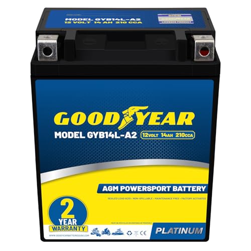 Goodyear GYB14L-A2-12 Volt 14 AH 210 CCA Rechargeable High-Performance Maintenance Free SLA - AGM Battery for Motorcycle ATV UTV Scooter Snowmobile Motorbike and more!
