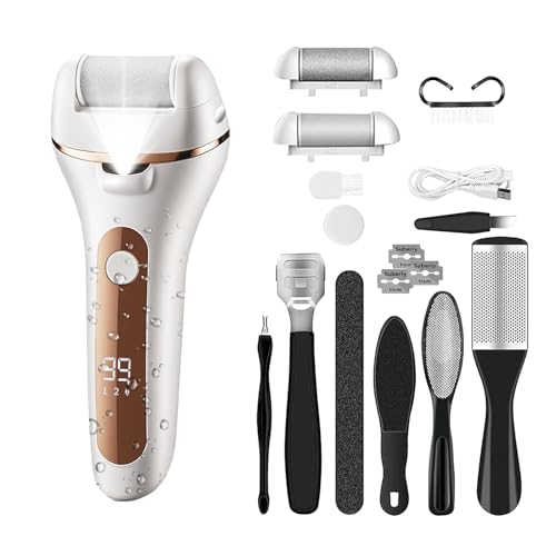 SilkGlow Removedor eléctrico de callos de pies, lima eléctrica portátil recargable, IPX6 resistente al agua con 3 cabezales de rodillo, kits de pedicura para piel seca muerta, dura, agrietada